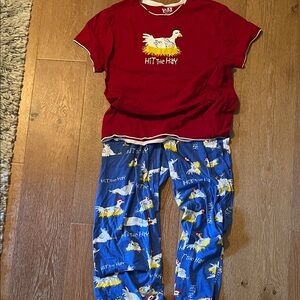 Women’s  Pajamas Set - Red and Blue with Fun Chicken Print